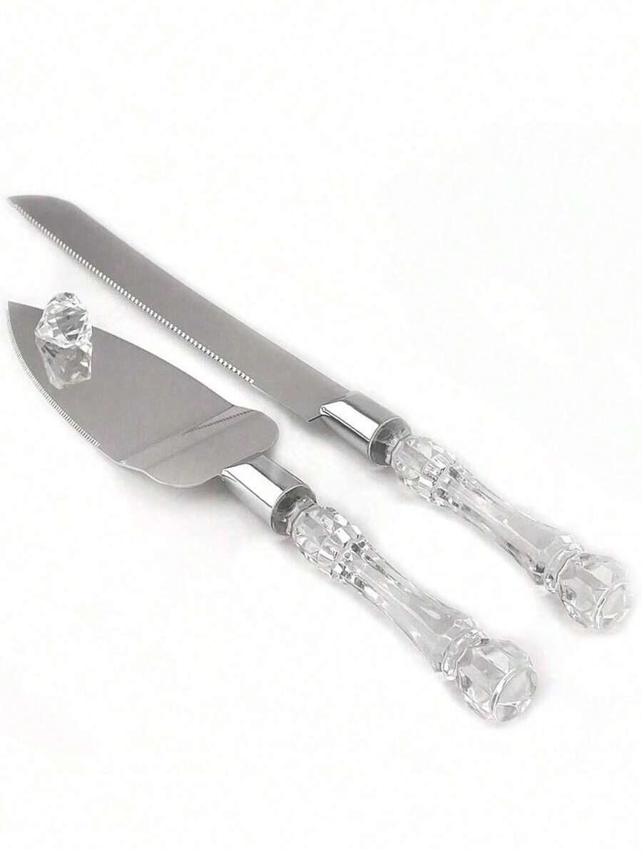 半套婚礼蛋糕切割工具，包含不锈钢蛋糕刀和蛋糕铲，银色刀刃搭配亚克力水晶手柄，是婚礼、新娘送礼会、周年纪念、乔迁之喜和生日的完美礼物。 - 彩色 - 查看 1