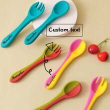 2PCS/Set Personalized Customization Name Baby Silicone Utensils Feeding Learning Children Tableware Custom Baby Soft Spoon Forkback To School Winter Gift Ideas Boy Girl Valentine's Day - Multicolor - View 2