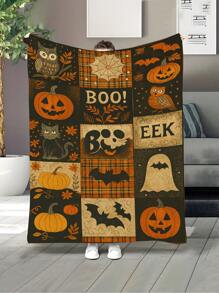 Halloween1pc Retro Card Ventilation Flannel Blanket, Printed With Pumpkin, Owl, Black Cat Elements Throw Blankets, Blanket For Bed, Tapestry, Suitable For Home Decor, Bedroom Decor, Room Decoration Stuff, Living Room Decor, Picnic Blanket, Best Friend Gifts, Bed,Birthday Present.