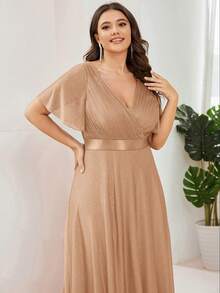 Vestido de verano elegante de manga corta con cuello en V y cola larga para talla grande, vestido de dama de honor, vestido de madre de la novia para fiesta de boda primaveral - Oro rosa - Ver 6