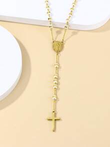 1pc 6mm Gold & Black Virgin Mary Stainless Steel Rosary Necklace, European & American Style Cross Pendant, Suitable For Couples Everyday Wear