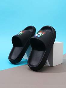 Kids EVA Foam Slippers, Lightweight Non-Slip Soft Soles Football Design, Comfortable Home/Casual Slip-On, Quick Drying, Solid Color, Thick Sole, Suitable For Boys & Girls, Beach Sandal - Black - View 10