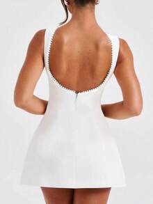 Women's Sleeveless Pearl Trim Crew Neck White Fit & Flare Dress, Elegant Outfit For Wedding Guest/Birthday Party/Evening Event, Classy White Dresses For Women - trắng - Xem 2