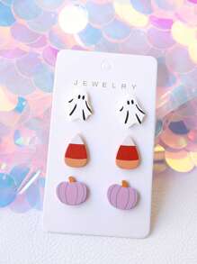 3 Pairs Halloween-Themed Acrylic Dangle Earrings With Baked Enamel Wizard Hats & Sugar Skull Pumpkin Bat Design, Cute And Fun Party Gift Earrings For Women Girls