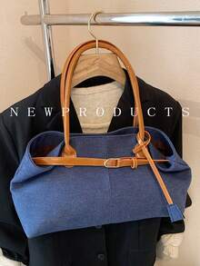 1 pieza Bolso de mano de mezclilla con efecto lavado, bolso de hombro con decoración de correa, cierre magnético - Azul lavado oscuro - Ver 7