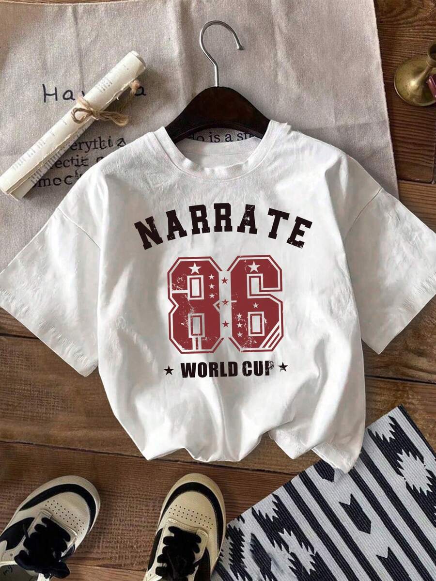 女士短袖圆领星星和数字印花T恤