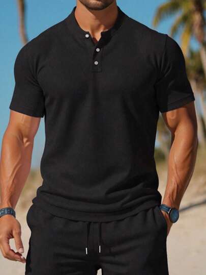 Herren Neu Sommer Stehkragen Kurzarm T-Shirt, einfarbiges Polohemd, lässiges Top