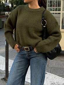Live To Mo Fall Clothes For Women Olive Green Crew Neck Casual Long-Sleeve Knit Sweater - Loose Minimalist Old Money Style, Essential Pullover Top - Green - View 4