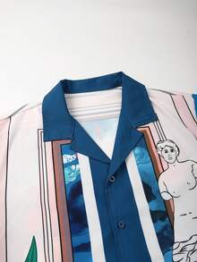 男士休闲抽象印花衬衫短裤套装（夏季款） - 藍色 - 查看 3