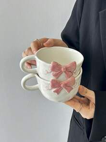 1pc Ins Style 3D Embossed Bowknot Ceramic Mug With Handle, Suitable For Coffee, Milk, Tea, Beverage, Gift For Family And Friends - Multicolor - View 8