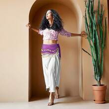 Chiffon Belly Dance Hip Scarf With 128 Coins For Yoga Class - 紫色 - 查看 6