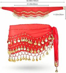 Chiffon Belly Dance Hip Scarf With 128 Coins For Yoga Class - Red - View 8