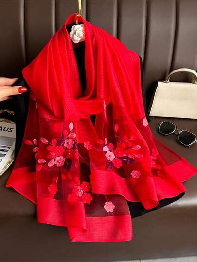 1 pieza Elegante bufanda de seda para mujer con diseño de calado, perlas falsas y patrón de celosía, Bufanda roja de unicolor con flor, Pañuelo casual para la cabeza y el cuello, Adecuado para uso diario en otoño e invierno