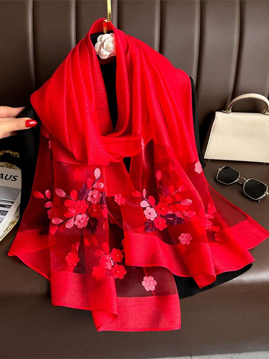1 pezzo Sciarpa di seta elegante da donna con motivo traforato, perle finte e reticolare, sciarpa rossa tinta unita con fiore, sciarpa casual per la testa e il collo, adatta per l'uso quotidiano in autunno e inverno come accessorio