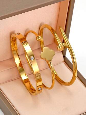 18K guldpläterat armband i rostfritt stål med fyrklöver, lämpligt för vardagsbruk, klassisk europeisk och amerikansk stil, inläggningar av kubisk zirkonia, generösa och lyxiga smycken, smyckeset för bröllopshandleden, presenter till flickor, kvinnor, mammor, släktingar, vänner, vackra bröllop, födelsedagar, mors dag, flickvän och alla hjärtans dag