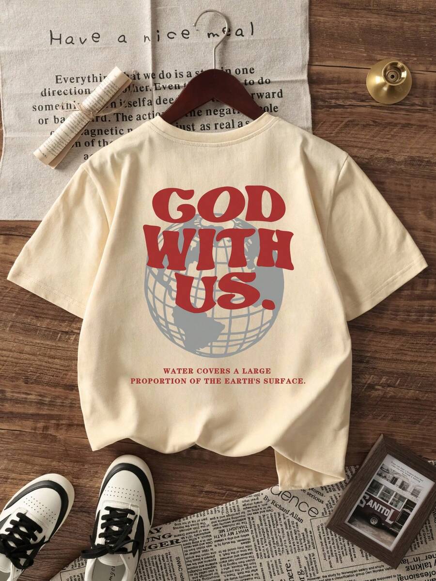 1 件装年轻男孩休闲图案印花圆领短袖 T 恤，有趣的地球图案，舒适时尚的年轻男孩 T 恤探索世界