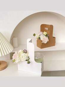 10/15 Kraft Paper Coffee Holder With Handle, Double Compartment Portable Takeaway Beverage Holder, Takeaway Paper Cup Holder (White, Brown, Pink), Event Party Box, Kraft Paper Flower Basket, Hot Or Cold Drink Cup Holder, Milk Tea Holder, Takeaway Box, Dessert Cake Bouquet Box, Wedding Gift, Floral Accessories, Suitable For Wedding Party, Office, Outdoor. - Multicolor - View 10