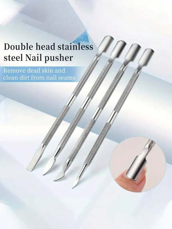 4 piezas Empujador de cutículas y removedor de esmalte de gel de acero inoxidable de doble extremo - Juego de herramientas de manicura para uñas postizas, útiles escolares