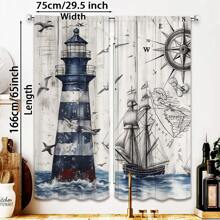 A Pair Of Antique Marine Theme Translucent Curtain Panels-2pcs Marine Sailboat, Seagull, Lighthouse And Compass Printed On Wood Grain Background-Rod Pocket Hanging-Transparent Polyester Curtain For Living Room, Bedroom, Kitchen-Machine Washable