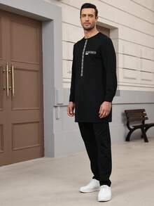 Muslimische Kleidung schwarzes Vollhemd und Hosen 2-teiliger afrikanischer Herrenanzug Kafatan, elegantes Oberteil ohne lange Ärmel und Hosen, vollständiger Luxusanzug für Herren Hochzeit