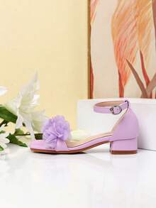 Summer Square Toe Square Heel Floral Decor Sandals, Girls High Heel Dance Shoes, Student Performance & Daily Activity Sandals - Purple - View 2