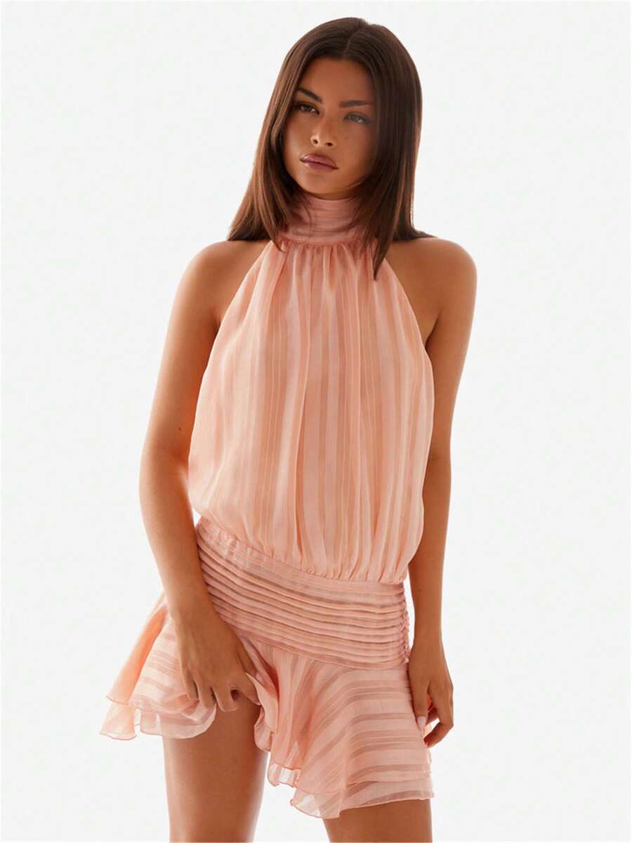 Women's Pleated Waist Sheer Mesh Ruffle Mini Dress Summer Casual Halter Neck High Neck Bodycon Short Dress Self-Tie Backless Sundress Party Clubwear - 橘色 - 查看 1