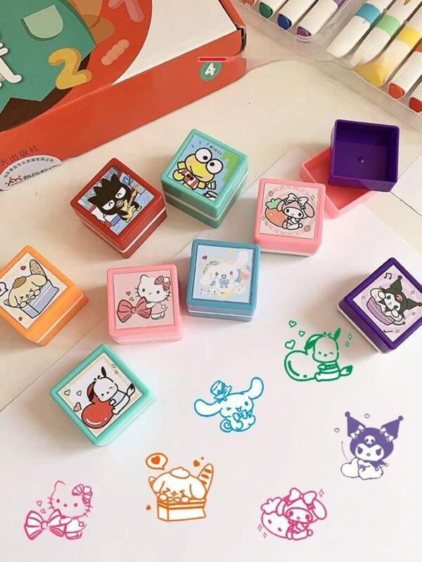 Sanrio New Sanrio Cute Cartoon Color Stamp Planner Reward Stamp Kuromi Melody KT Square,Cute And Fun Black Ink Stamp - Amusing Expression Stamp - Suitable For Everyday Office Use, Label And Indicator Stamp