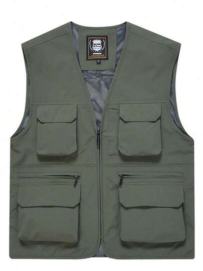 1 件男士实用背心夹克，春秋夏季户外大码休闲马甲，多口袋无袖