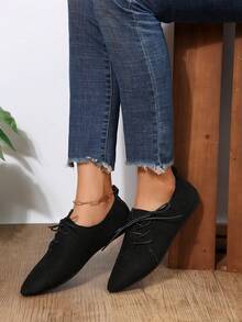 女士系带平底鞋，复古尖头绒面平底鞋，舒适复古一脚蹬鞋 - 黑色 - 查看 3