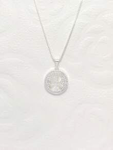 Colar feminino simples e elegante, pingente redondo da árvore da vida, incrustado com zircônia banhado a prata 925 - Prata - Visão 6