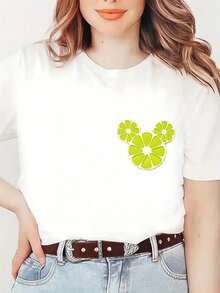 Women's Cartoon Print Casual Loose Daily Simple Style Round Neck Short Sleeve T-Shirt Tops Cute Tops, Micro Elastic, Non-See-Through, Easy Care Material, Perfect For Daily Wear