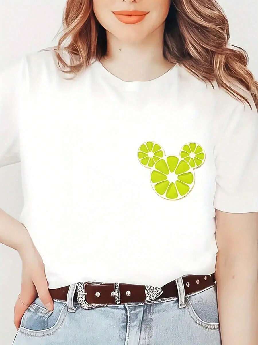 Women's Cartoon Print Casual Loose Daily Simple Style Round Neck Short Sleeve T-Shirt Tops Cute Tops, Micro Elastic, Non-See-Through, Easy Care Material, Perfect For Daily Wear