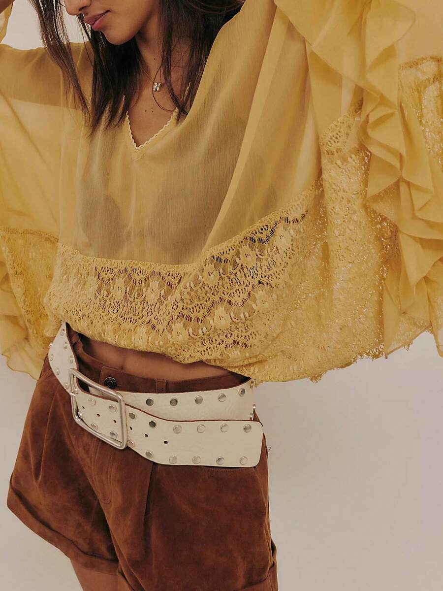 Women's Y2K Lace Poncho Top V Neck Batwing Sleeve Sheer Top See Through Ruffle Flowy Chiffon Blouse Loose Going Out Shirt Beach Party Streetwear - Màu vàng - Xem 1