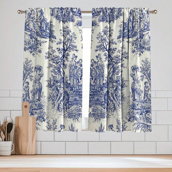 2pcs Blue Toile De Jouy Style Blackout Curtains - Elegant Floral Design, Grommet Top, Thermal Insulating & Light Blocking For Living Room And Bedroom Decor, Polyester Material, Wrinkle-Resistant, Curtains For Living Room