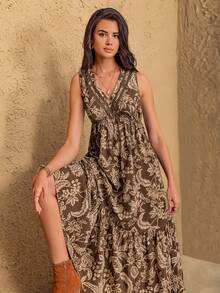 Rusttydustty Long Sleeveless Dress, V-Neck Design, Waist Cinched, Suitable For Casual Vacation, Boho Style, Beach Outfit, Music Festival, Tropical Holiday And Other Occasions