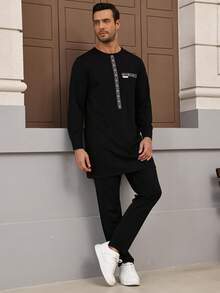 Muslimische Kleidung schwarzes Vollhemd und Hosen 2-teiliger afrikanischer Herrenanzug Kafatan, elegantes Oberteil ohne lange Ärmel und Hosen, vollständiger Luxusanzug für Herren Hochzeit