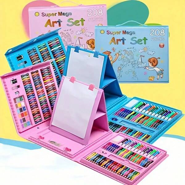 208 piezas/Set Combo de herramientas de dibujo para estudiantes, que incluye crayones, lápices de colores, marcadores y tiza - Adecuado para artistas principiantes, estudiantes, escuelas (Accesorios de patrones y colores aleatorios), Juego de arte inicial, Regalo de Navidad para niños