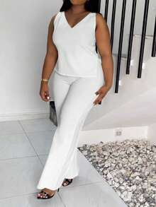 Oversized Solid Color Sleeveless Tank Top + High-Waisted Draping Wide-Leg Pants Set, Conceals Flesh And Shows Slimming Effect, Ice Silk Cool Sensation, Suitable For Summer Commuting And Leisure. - White - View 5