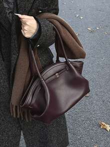 1 件纯色 PU 皮革女士单肩包，复古时尚大容量手提包，双手柄，按扣设计，适合旅行、购物、约会、女士礼物 - 适合青少年、大学女生、初学者和商务女士，非常适合办公室、学校、工作、商务、通勤、户外、旅行、徒步旅行 - Bold Plum - 查看 9