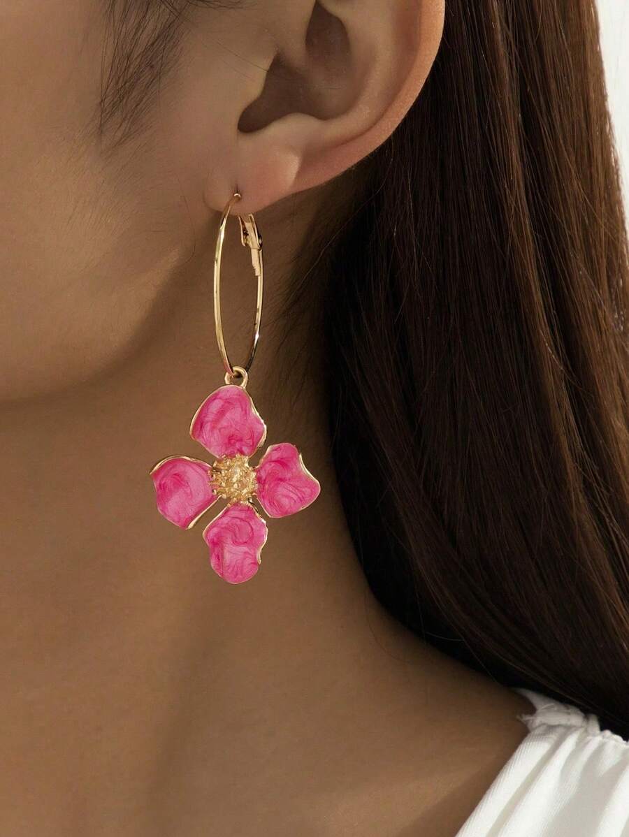 1 Pair Colorful Dopamine Gradient Resin Flower Drop Earrings For Women, Fashionable Summer Holiday Style