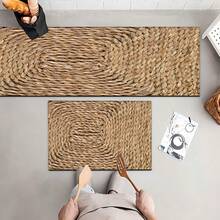 1 pieza, alfombra de cocina hecha a mano con cuerda de paja y estampado de bambú, antideslizante de diatomita, alfombra rectangular impresa en 3D, adecuada para sala de estar, dormitorio, pasillo, baño, lavandería - Alfombra de poliéster para decoración del hogar, interior y exterior
