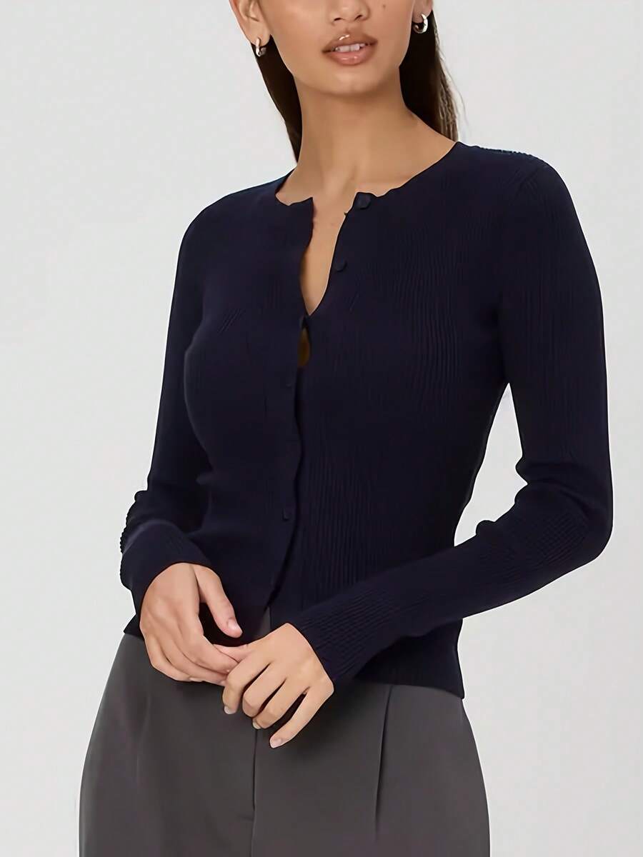Women's Autumn Sweater Cardigan Solid Color Long Sleeve Round Neck Button Up Ribbed Knitwear - Deep Sky Blue - View 1
