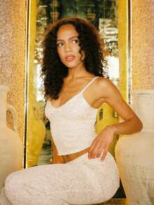 Women 2 Piece Knitted Outfit Sparkly Sequin Spaghetti Strap Crop Tops Low Rise Long Skirt For Club Party - 米色 - 查看 6