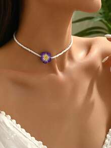 1 件手工花卉装饰项链，甜美可爱，适合度假浪漫场合，适合日常佩戴、约会、聚会和节日 - 紫色 - 查看 1