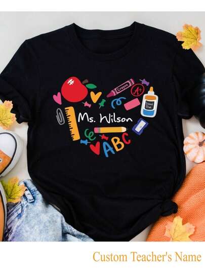 1pc Custom Teacher Shirt, Customized Teacher Name Shirt, Custom Heart T-Shirt, Teacher Team Shirts, Personalized School Equipment Shirt, 100% Cotton, S-2XL