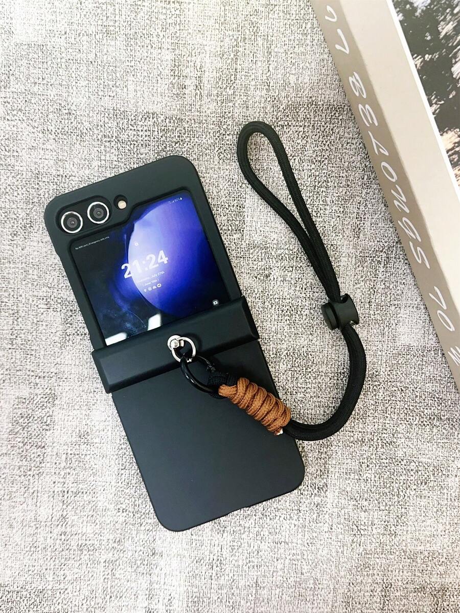 奢华简约黑色手机壳，带钥匙扣挂绳，兼容三星 Galaxy Z Flip 5/6、Z Flip 6、ZFlip 5、Zflip6，防震、防水、防摔、防刮花
