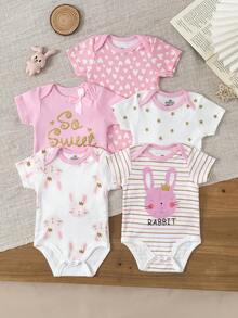 5 Pieces Baby Girls 0-12 Months Casual Short Sleeves Cute Cartoon Baby Bodysuits Four Seasons - Multicolor - View 1
