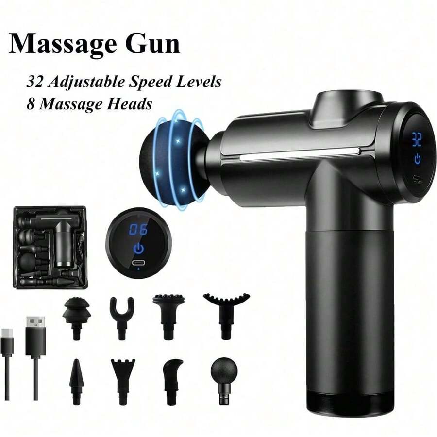 Massage Gun With 32 Adjustable Speed Levels 8 Interchangeable Massage Heads LCD Touch Screen Portable Design - Black - View 1
