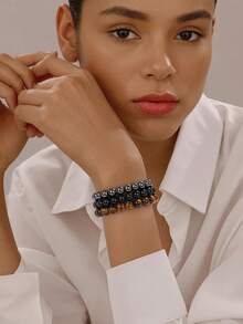 Xiacheng 男女适用疗愈水晶手链 8 毫米虎眼石赤铁矿黑曜石天然石串珠弹力手链三重保护手工宝石灵气珠宝礼物 - 經典色 - 查看 6