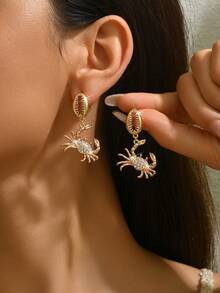 2 件时尚经典海洋派对人造珍珠镶嵌红珊瑚镀金珊瑚蟹和海星天然贝壳 DIY 手工首饰，多种款式可选，适合女性在度假、派对、返校季和其他节日佩戴的耳环 - 小螃蟹鑲鑽耳環 - 查看 6